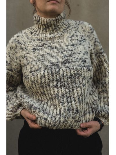 White Sheep Sweater Knitting Pattern – Mock Neck, Balloon Sleeves & Fisherman Rib