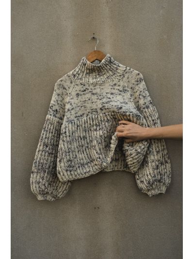 White Sheep Sweater Knitting Pattern – Mock Neck, Balloon Sleeves & Fisherman Rib